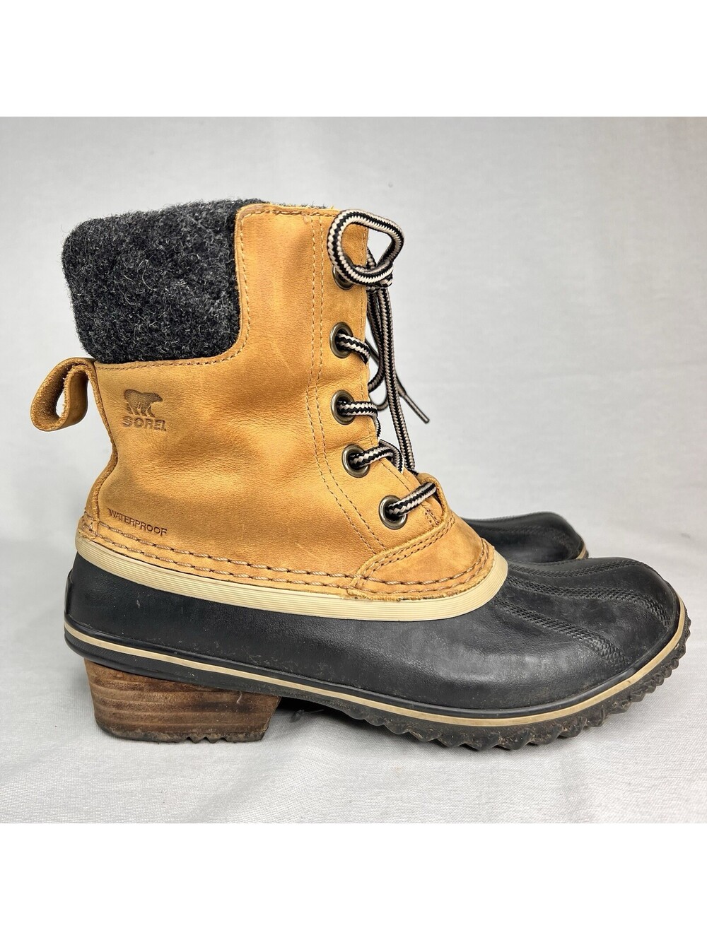 Sorel Slimpack Mid Boots Tan Black Nubuck Duck Waterproof Rain Short Women’s 7.5